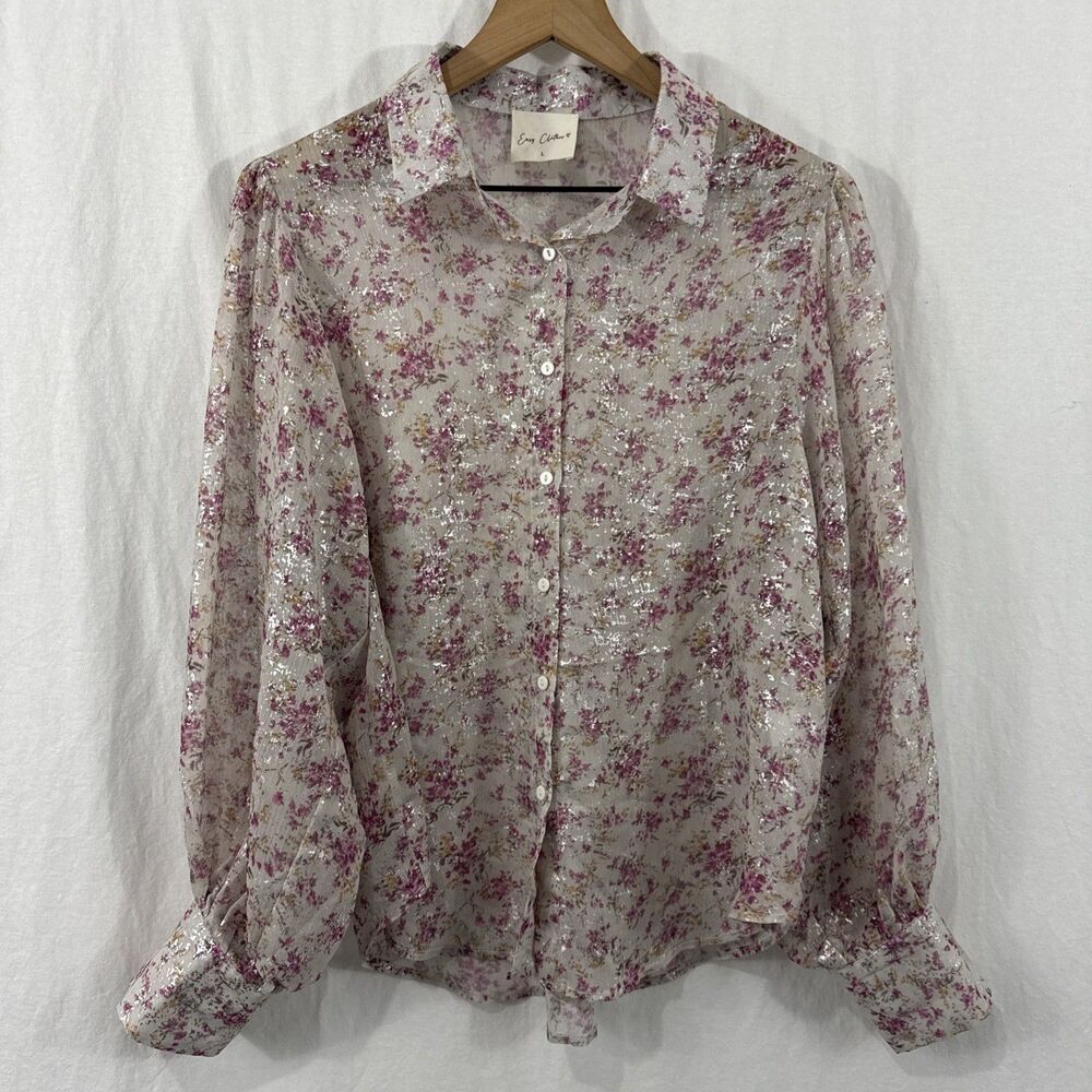 Easy Clothes Pink Floral Sheer Silver Shimmer Romantic Balloon Sleeve Top Sz L